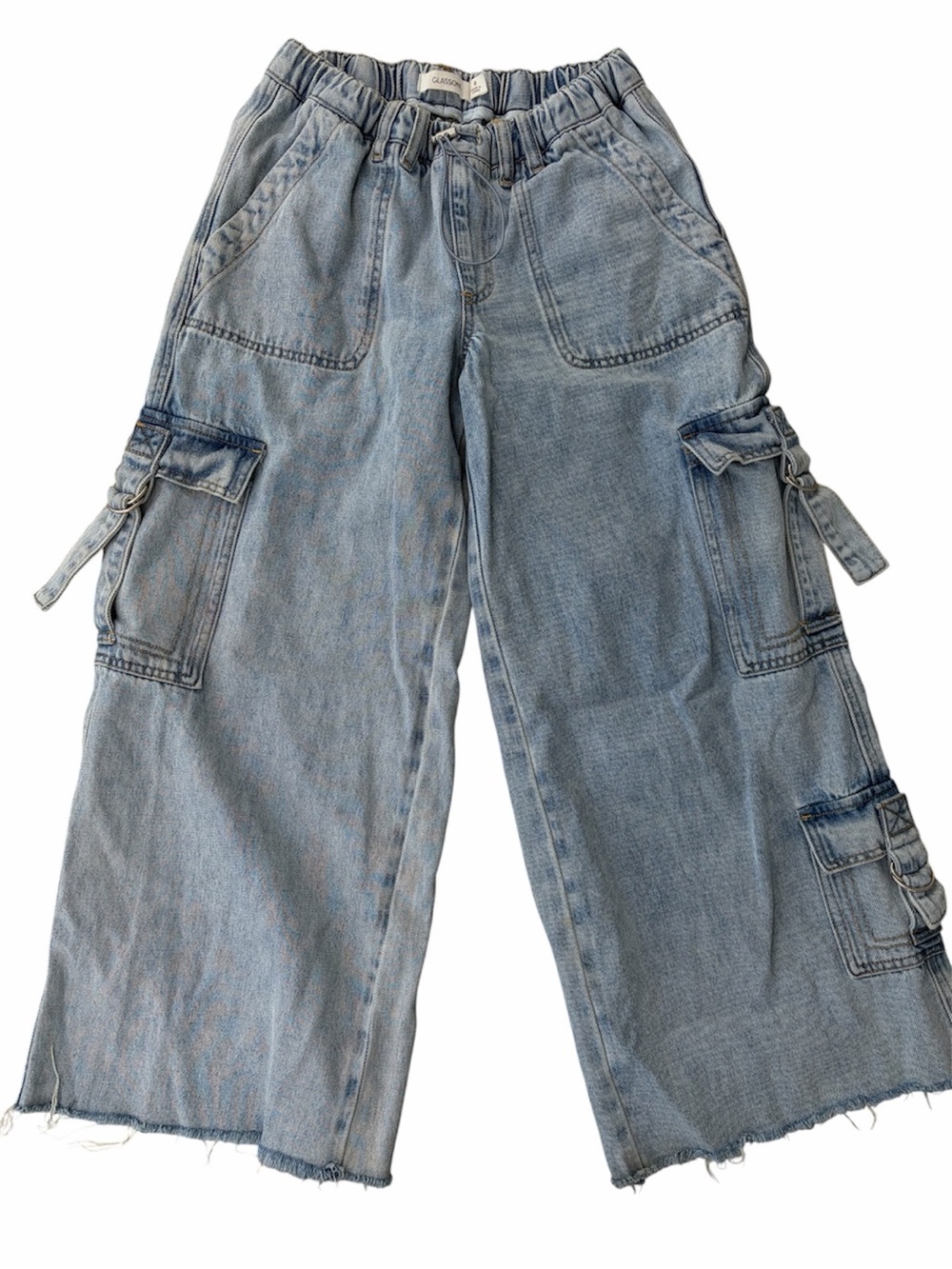 Glassons Multi-Pocket Cargo Light Wash Raw Hem Baggy Wide Leg Cropped Jeans Y2K